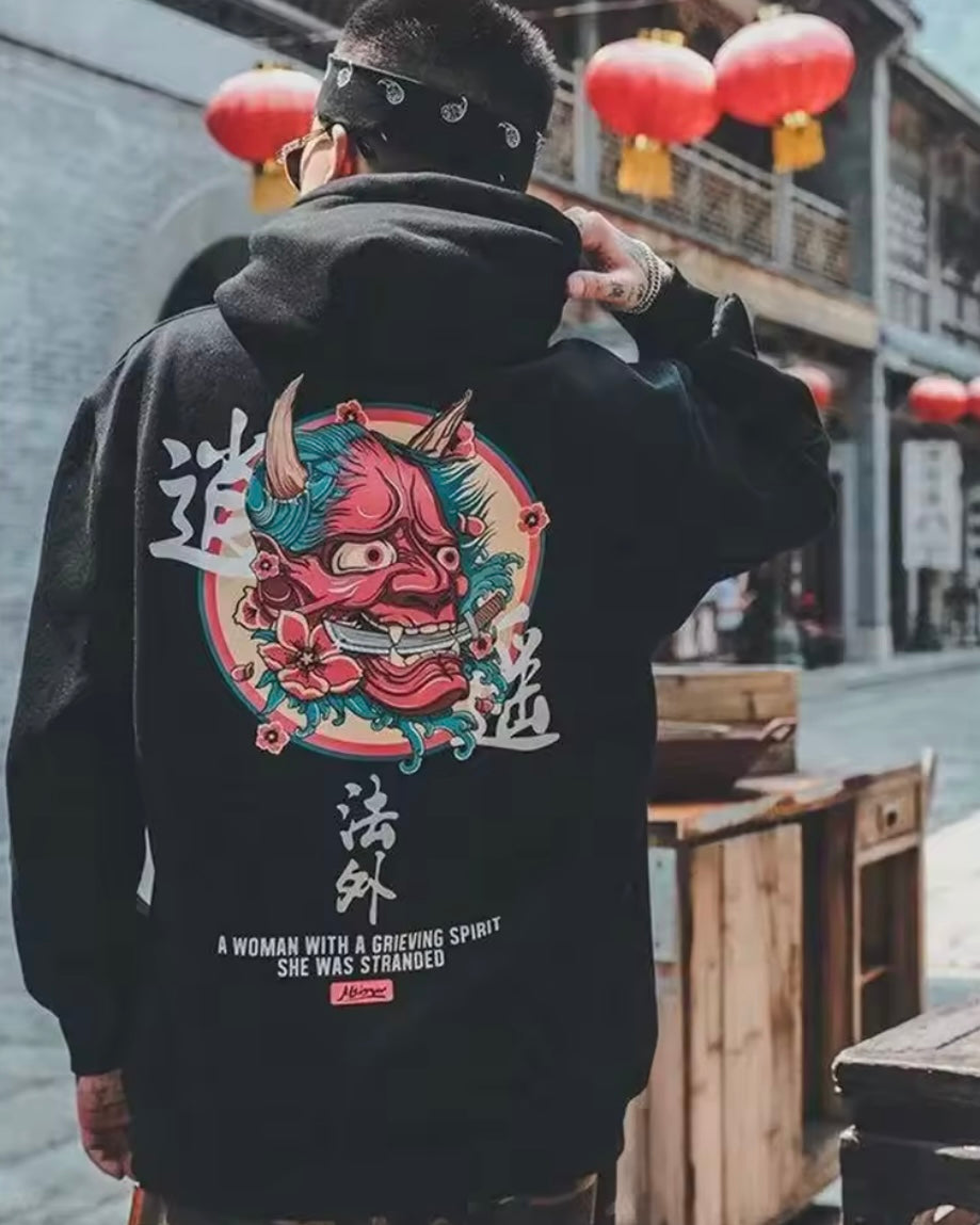 Polerón negro Hombre capucha, XL, YAKUZA, Oversize, street wear.
