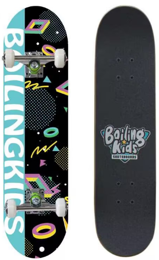 Skate completo Boiling Kids 7.25 Retro Negro, tabla y gráfico
