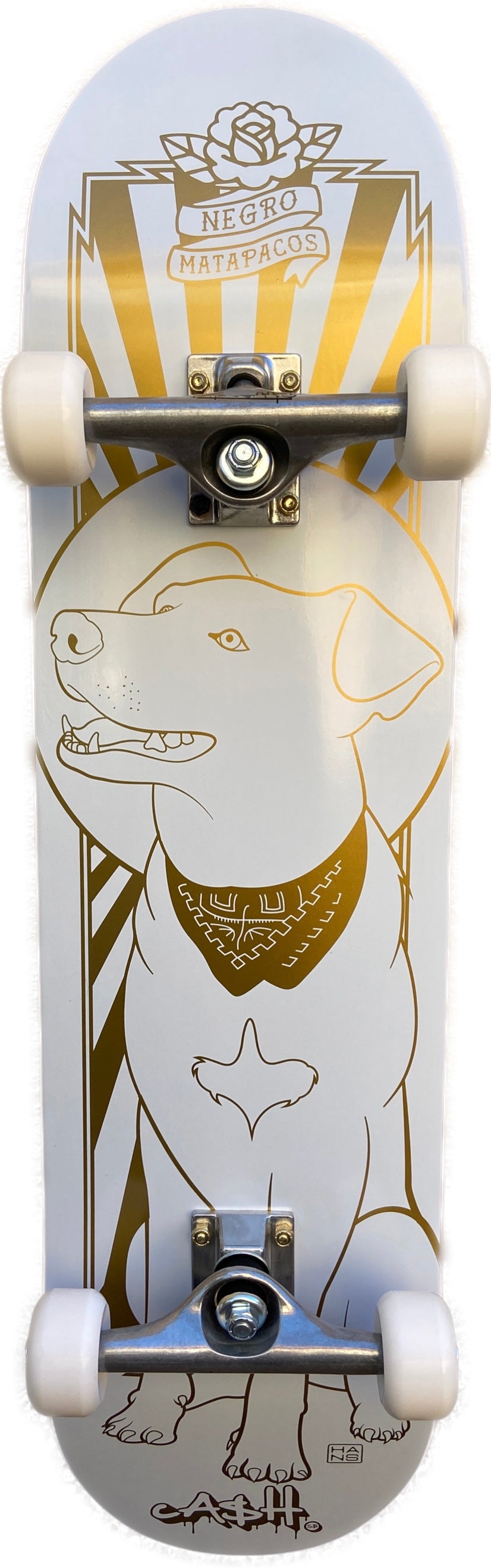 Cash Tabla de Skate Completa "MATAPACOS Gold & White" con ruedas gold
