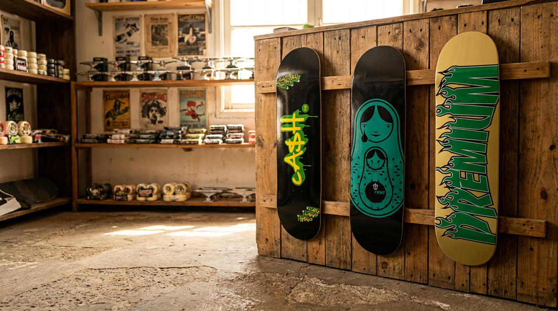 Tablas de skate CASH, Blueprint y Premium exhibidas en el muro de una tienda de skate en Chile