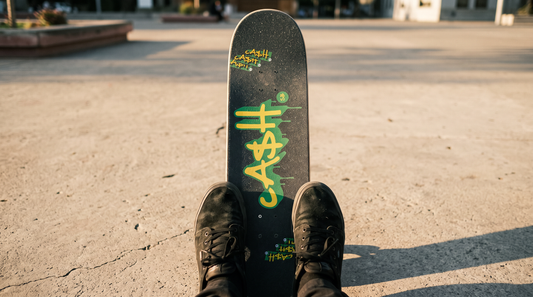 Pies con zapatillas de skate sobre la lija de una tabla, mostrando la relación entre el ancho del calzado y el ancho de la tabla