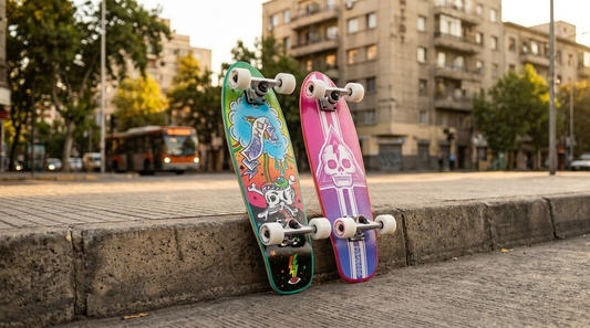 Dos cruisers de maple Psychos apoyados en una vereda de Santiago, formato penny o cruiser para moverse por la ciudad