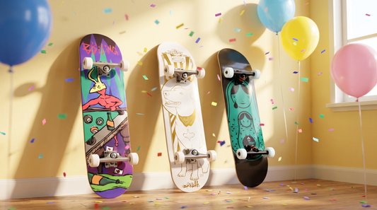 Tres skates completos Boiling, CASH y Blueprint apoyados juntos con confeti, regalos de skate para el Día del Niño 2026