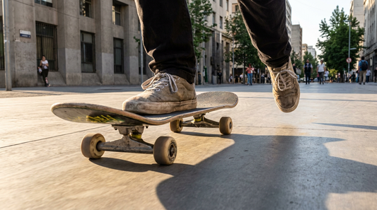 Pies de un skater en postura regular, pie izquierdo adelante, empujando un skate CASH Stickers en una vereda de Santiago