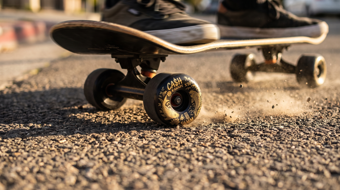 Ruedas de skate en pleno powerslide sobre asfalto rugoso, vistas a ras de suelo