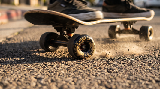 Ruedas de skate en pleno powerslide sobre asfalto rugoso, vistas a ras de suelo