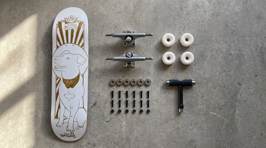 Skate desarmado en sus partes sobre hormigón: tabla, trucks, ruedas, rodamientos, pernos y herramienta T