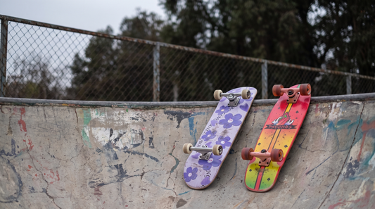 Tabla completa Boiling Flowers y cruiser Psychos Snake Pink apoyados en el borde de un bowl de cemento en un skatepark chileno