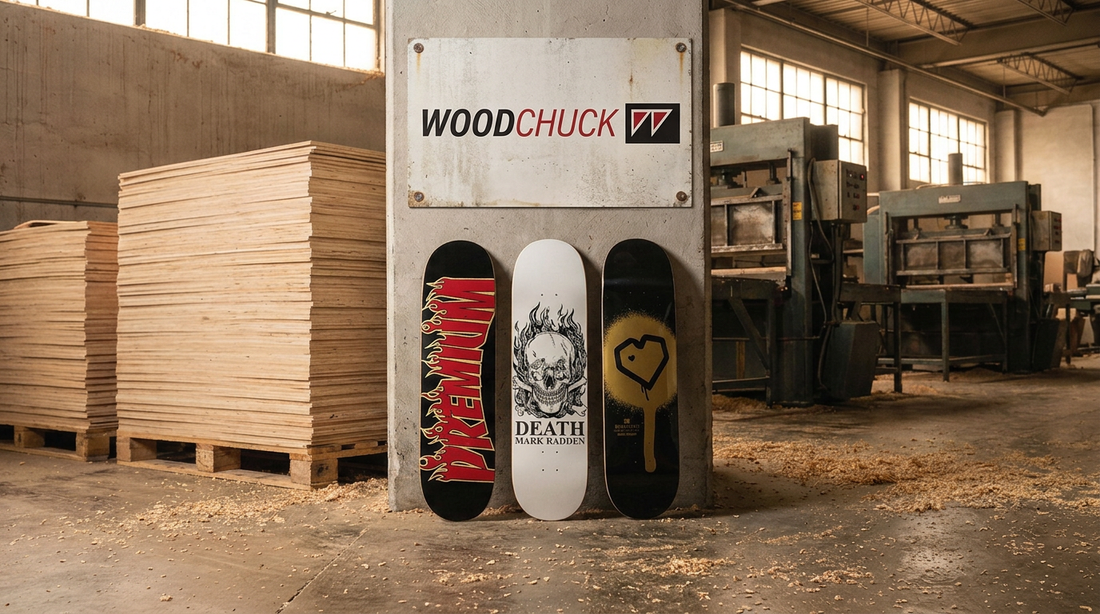 Tablas de skate Premium, Death y Blueprint apoyadas en la fábrica Woodchuck de Oceanside, California
