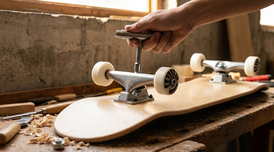 Mano ajustando la tuerca del kingpin de un truck de skate Boiling con una herramienta T