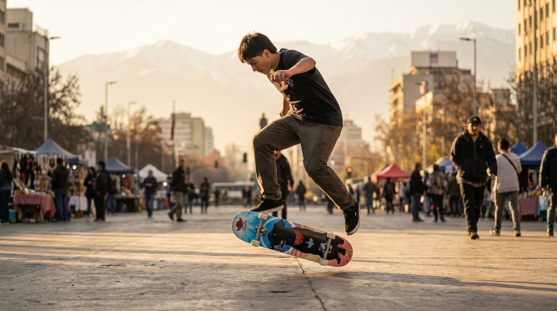 Skater haciendo un ollie en una plaza de Santiago con un skate completo CASH Matapacos al Cielo