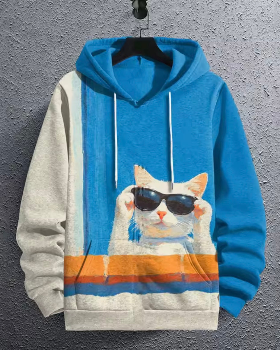 Polerón Celeste Hombre capucha
, XXL Gato, Oversize, street wear, ligero.
