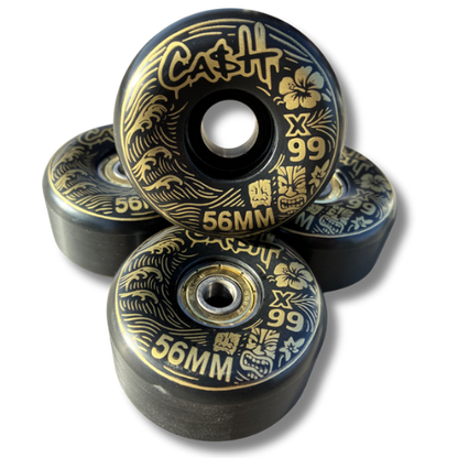 🌊🗿 Set 4 Ruedas CASHSKATE Black & Gold TIKI 56mm – skatepark Flow Series | Fórmula X99 | Cónicas