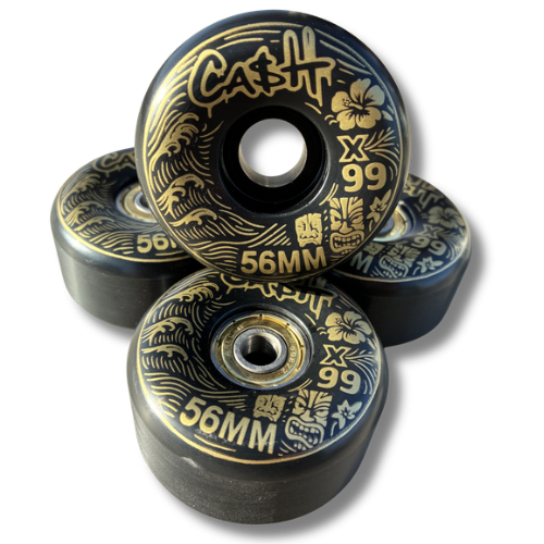 🌊🗿 Set 4 Ruedas CASHSKATE Black & Gold TIKI 56mm – skatepark Flow Series | Fórmula X99 | Cónicas
