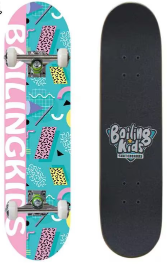 Skate completo Boiling Kids 7.25 Retro Turquesa, tabla y gráfico