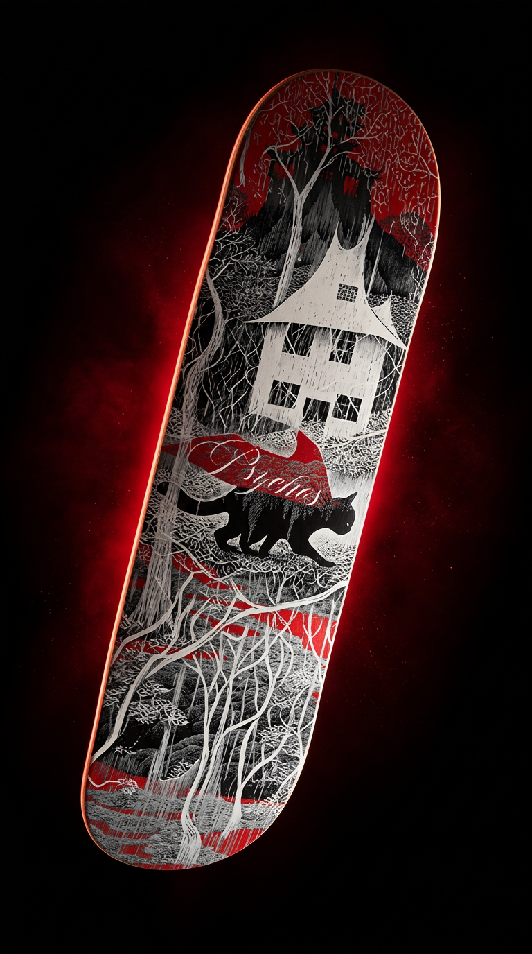 Skate completo Psychos Bosque del Gato Místico 8.1" gráfico gótico oscuro
