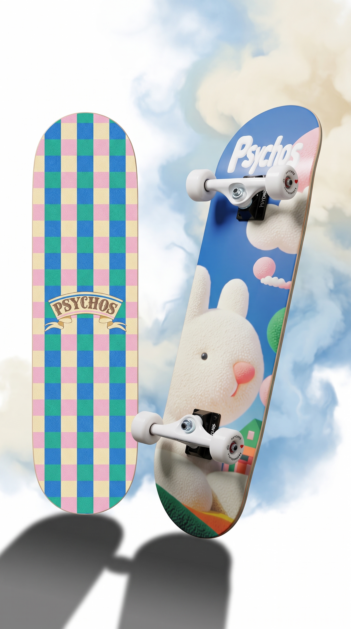 Skate completo Psychos Parque del Conejo Blanco 8.1" tabla armada con trucks y ruedas Psychos