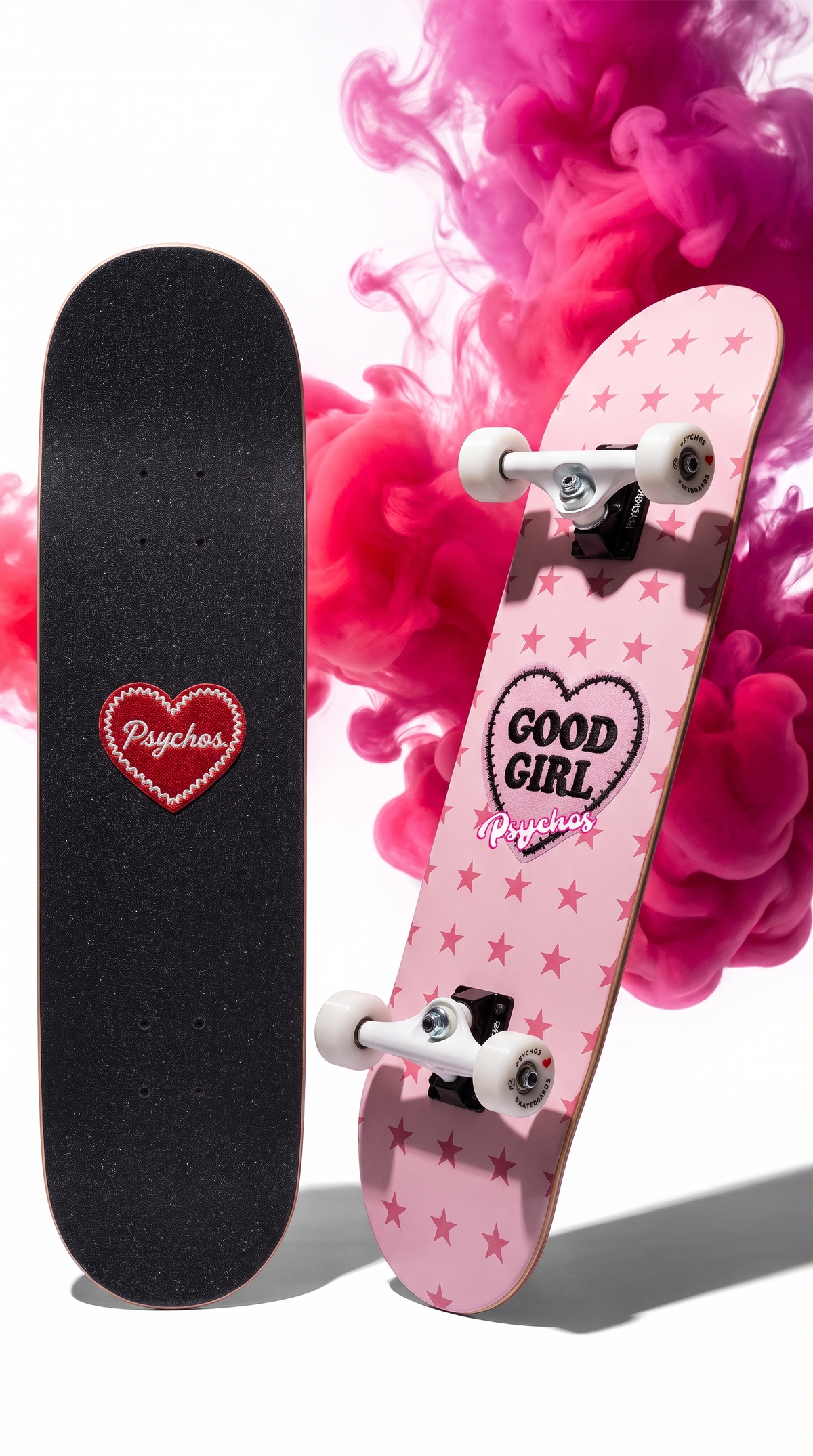 Skate completo Psychos Corazón Negro y Rosa 8.1" tabla armada con trucks y ruedas Psychos