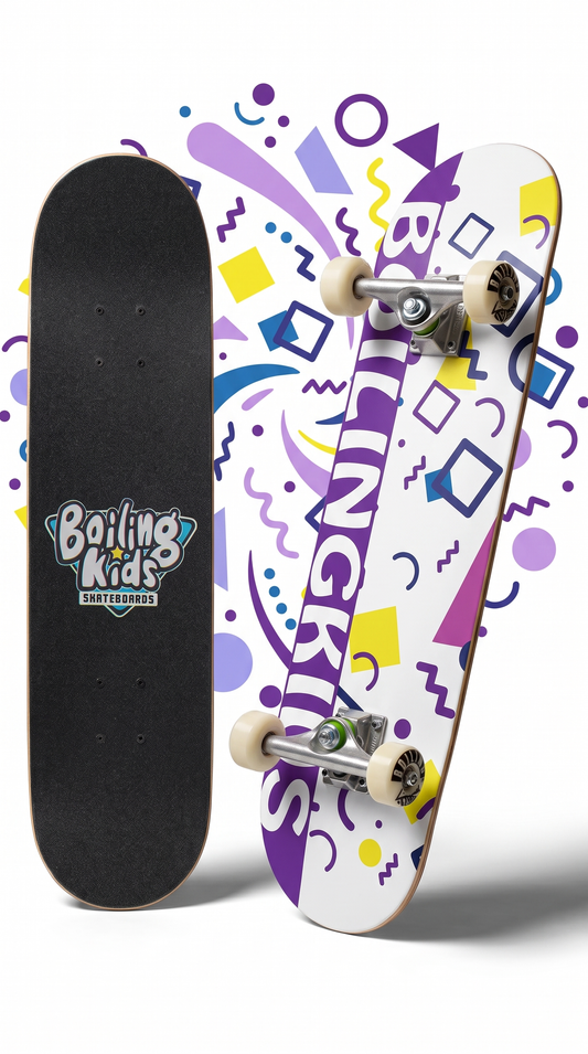 Skate completo Boiling Kids 7.25 Retro Púrpura, tabla armada con trucks y ruedas