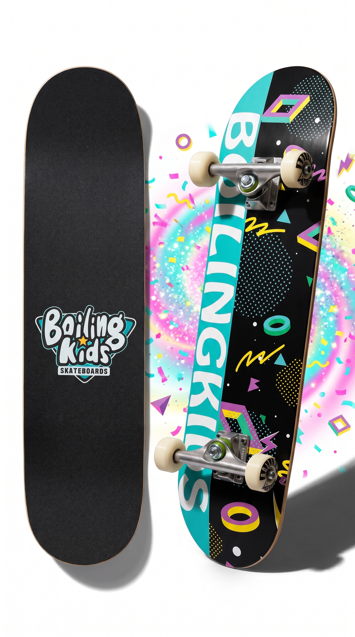 Skate completo Boiling Kids 7.25 Retro Negro, tabla y gráfico