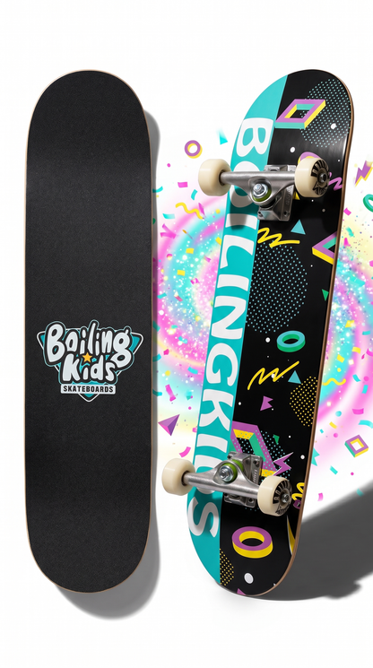 Skate completo Boiling Kids 7.25 Retro Negro, tabla y gráfico