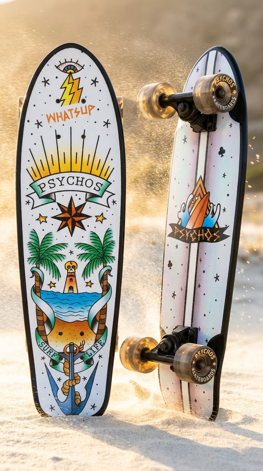 Cruiser Psychos Paradise 26.5 x 7.5 pulgadas maple canadiense, lija y armado con ruedas