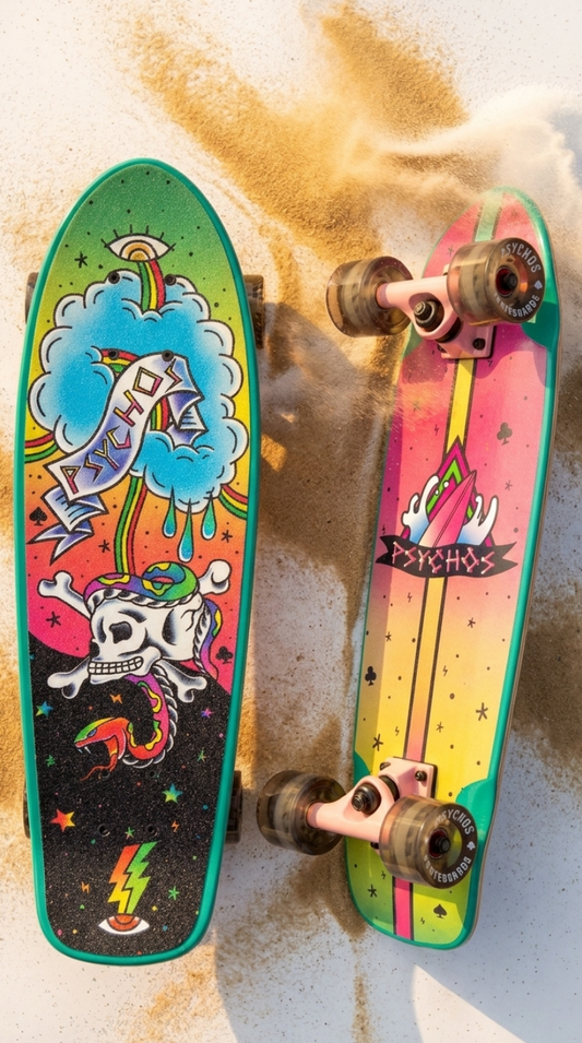 Cruiser Psychos Snake Green 26.5 x 7.5 pulgadas maple canadiense, lija y armado con ruedas