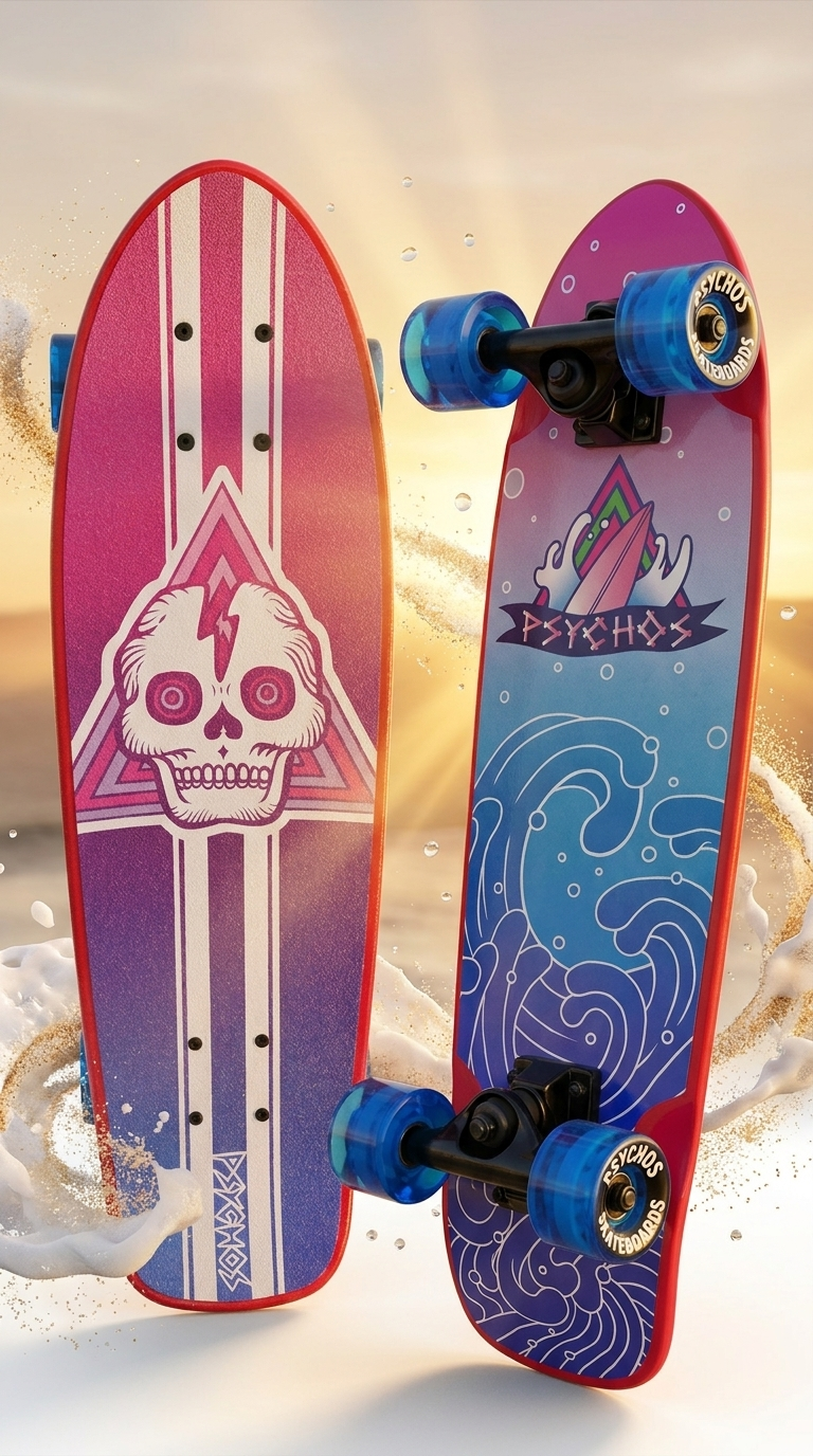 Cruiser Psychos Skull 26.5 x 7.5 pulgadas maple canadiense, lija y armado con ruedas