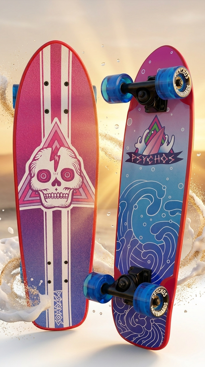 Cruiser Psychos Skull 26.5 x 7.5 pulgadas maple canadiense, lija y armado con ruedas