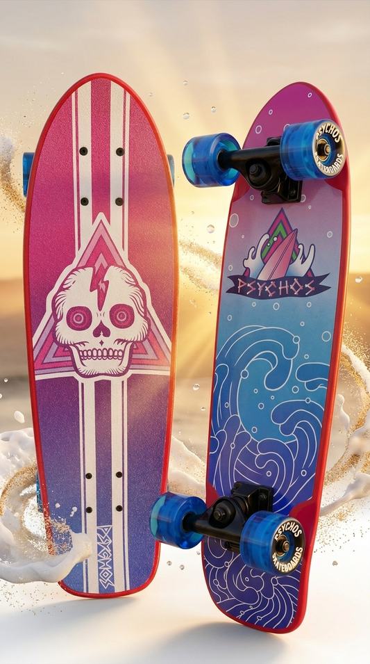 Cruiser Psychos Skull 26.5 x 7.5 pulgadas maple canadiense, lija y armado con ruedas